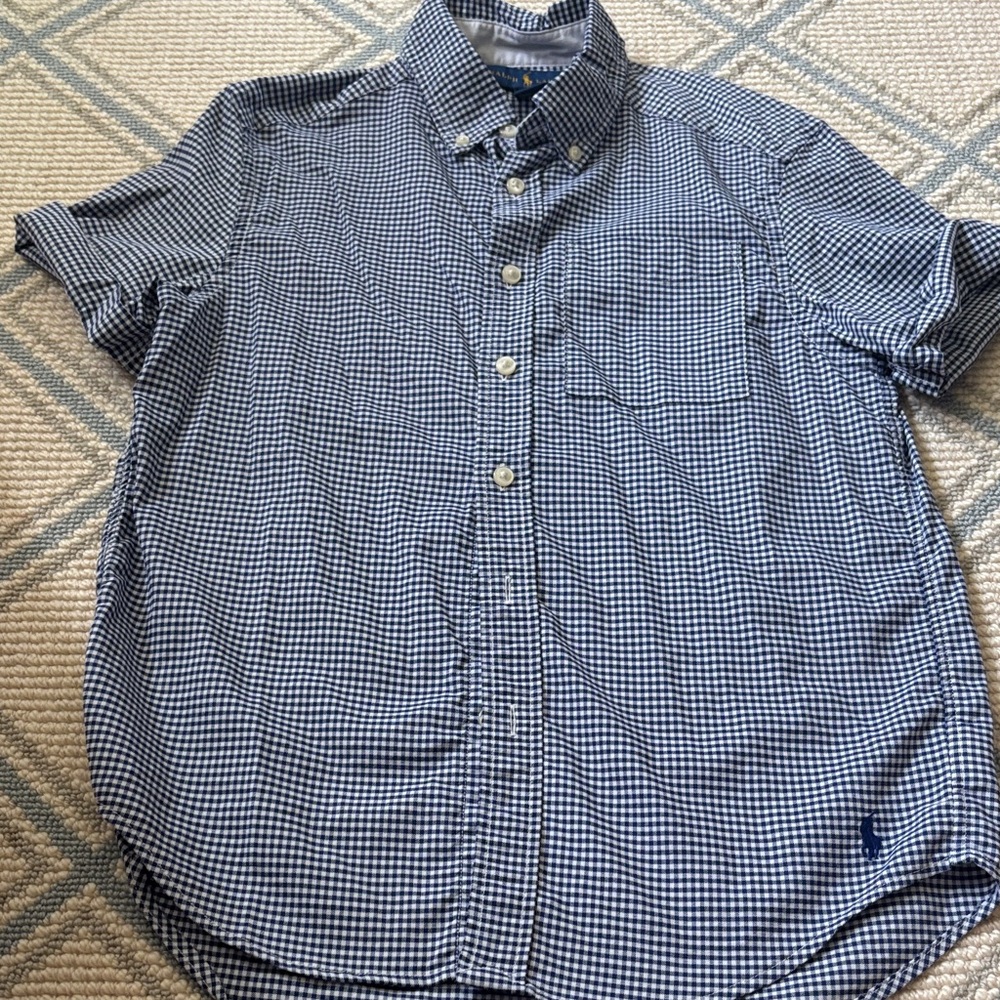 Ralph Lauren Navy Checkered Button Down Shirt Sz 10-12 EUC